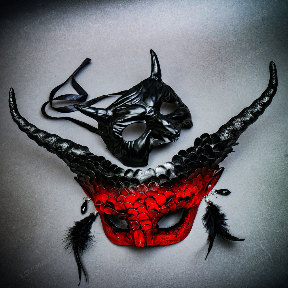 Man Black Demon Eye Mask w/ Long Horns Red Devil Women Halloween Party Mask